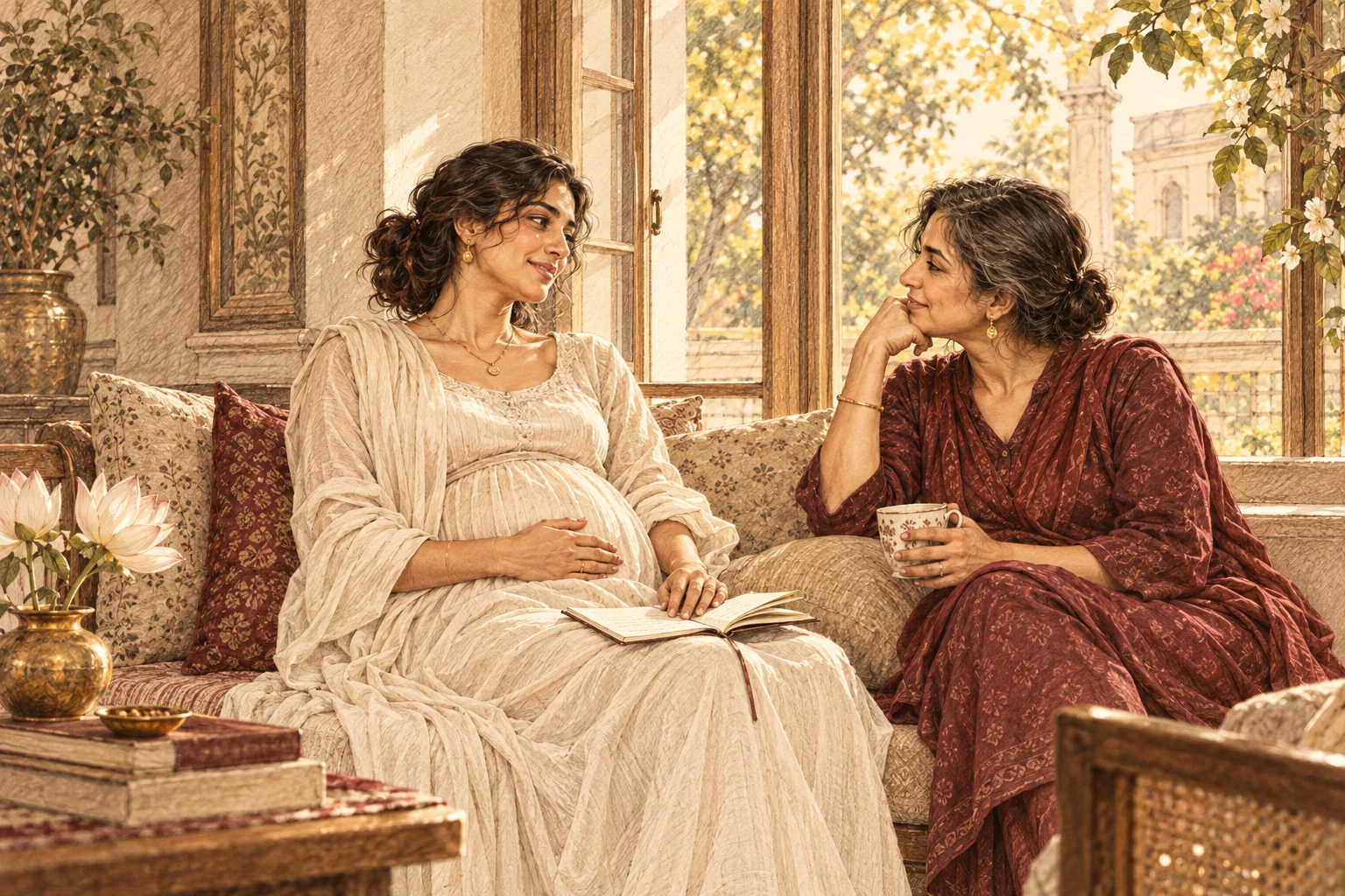 Illustration of an expecting woman with her journal, in a warm conversation with a friend