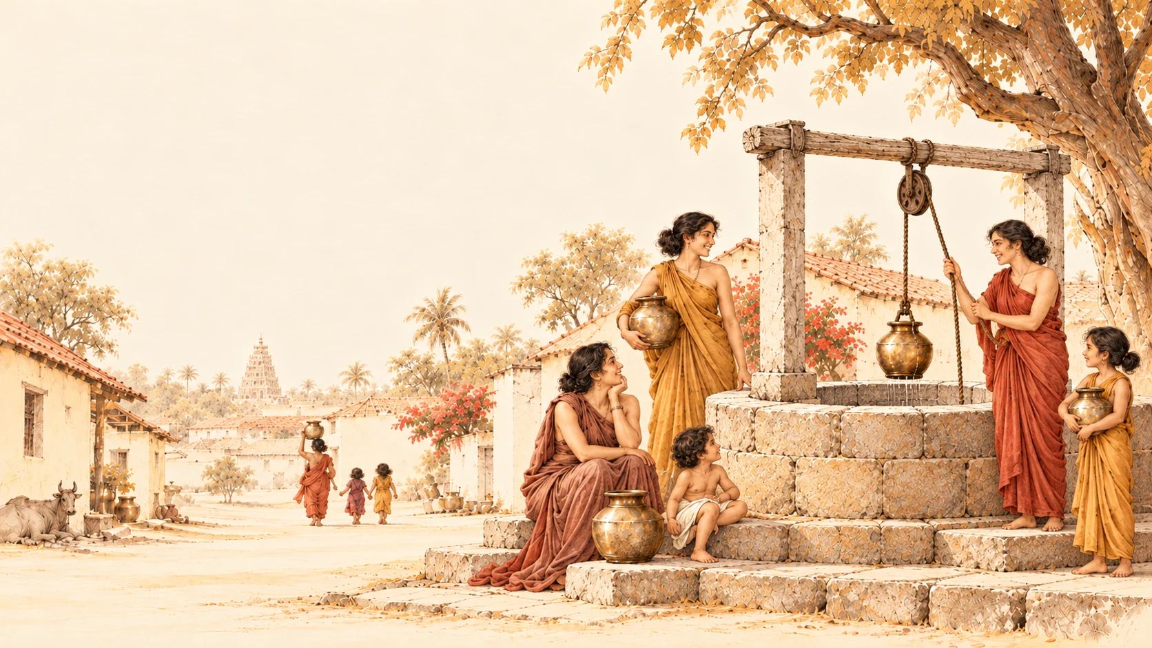 Illustration of women gathering and connecting around a village well in warm golden light