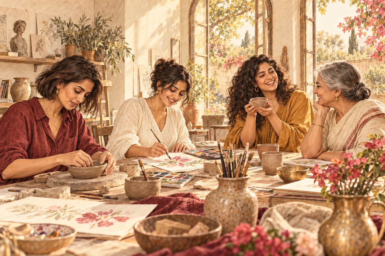 Cinematic illustration of women making clay bowls and painting together in a sunlit studio