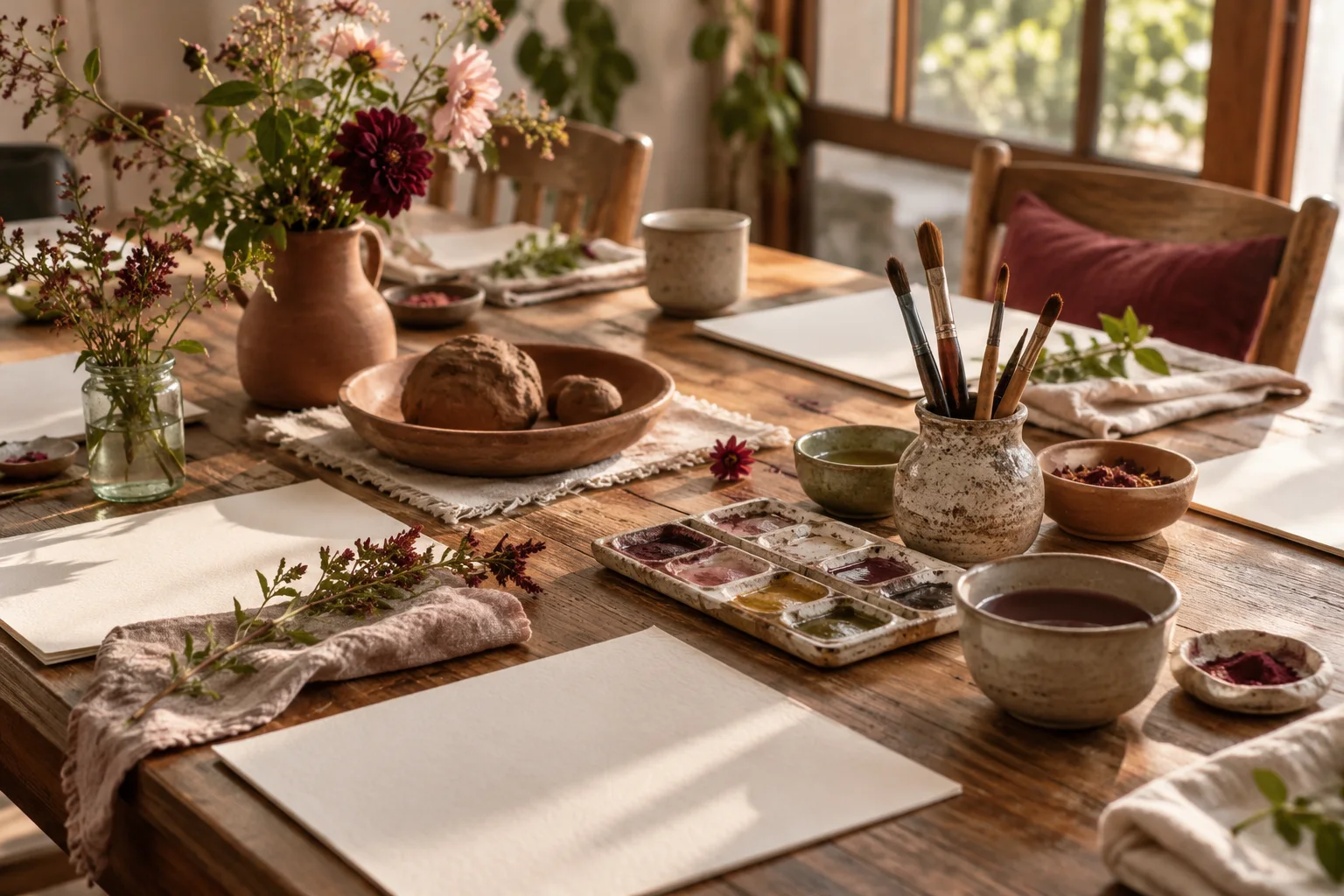 Watercolours, clay, paper and flowers arranged on a sunlit creative table