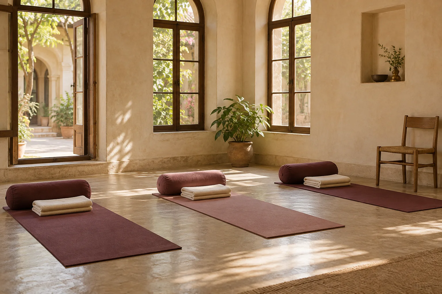 An airy room with movement mats, folded blankets, bolsters and a chair