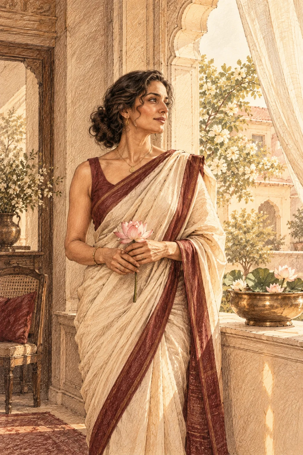 An illustrated woman holding a lotus beside a golden sunlit window