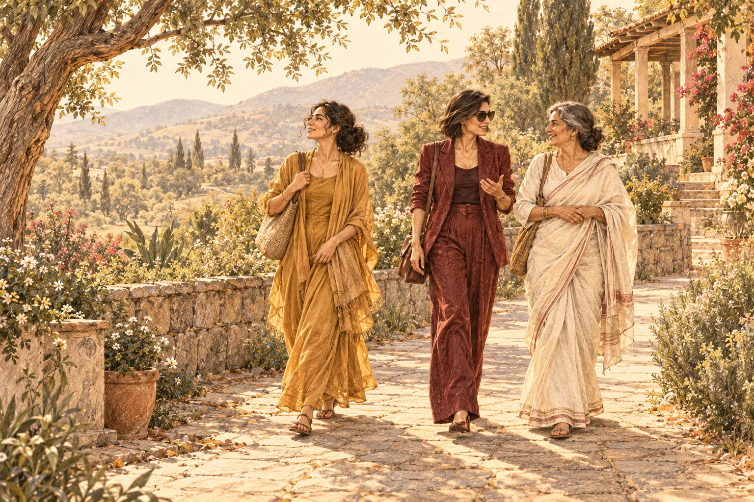 Cinematic illustration of three women walking together through a sunlit garden