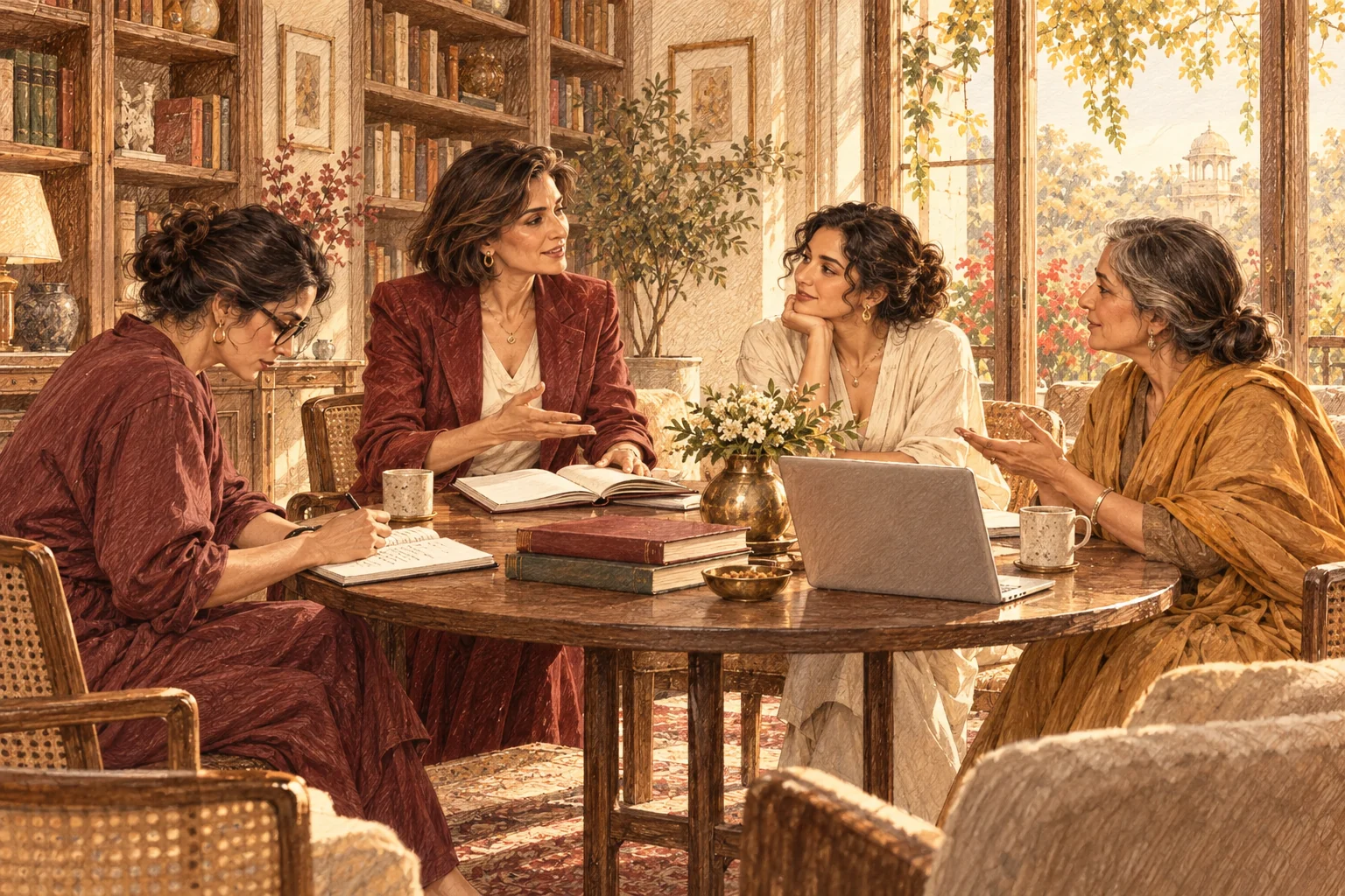 An illustrated circle of women learning and exchanging ideas around a table
