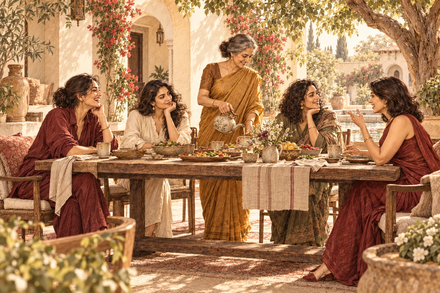 Cinematic illustration of women sharing food, tea and conversation in a sunlit courtyard